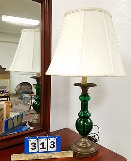 BRASS & GREEN GLASS TABLE LAMPS 29"