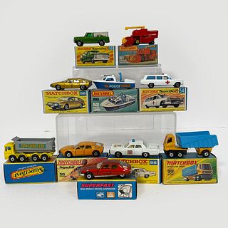Group Of Ten Boxed Matchbox Superfast And 1-75 Series Vehicles, Including: 50 Kennel Truck, metallic green body, silver grille, black baseplate, five 