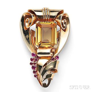 Retro 14kt Gold Citrine and Ruby Brooch