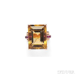 Retro 14kt Gold, Citrine, and Ruby Ring