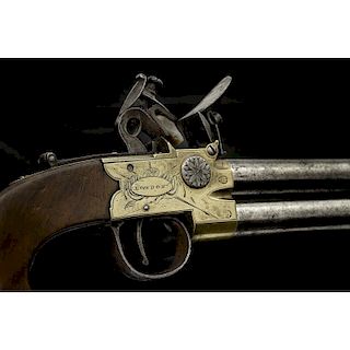 British Flintlock Tap Action Double-Barrel Pistol By Broomhead
