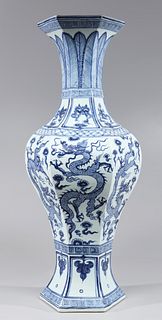 Tall Chinese Blue & White Porcelain Dragon Vase