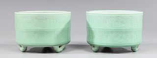 Pair Chinese Celadon Glazed Tripod Censors