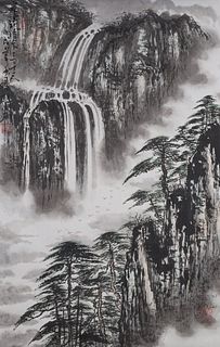 Chinese Ink & Color on Paper Mountain Landscape Painting mounted as Scroll