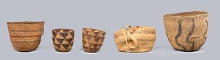 Group of Five African Coil Baskets and Bag