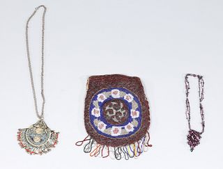 Group of Three Antique Afghan Pendant, Beaded Bag, Beaded Necklace