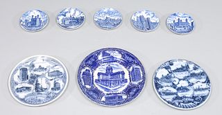 Group of Eight Antique Flow Blue Transferware Souvenir Plates, Wedgewood, Jonroth