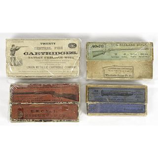 Center Fire Cartridge Boxes by Winchester and UMC, Lot of Four
