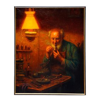 Genre Painting of Old Man with Pipe.