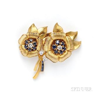 18kt Gold, Sapphire, and Diamond Flower Brooch