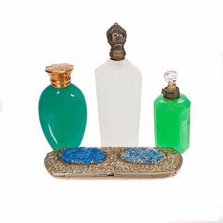 Three Glass Scent Bottles, and Repousse Spectacles Case.