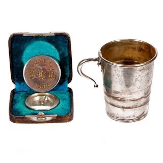 19th century cased compass and collapsible cup.