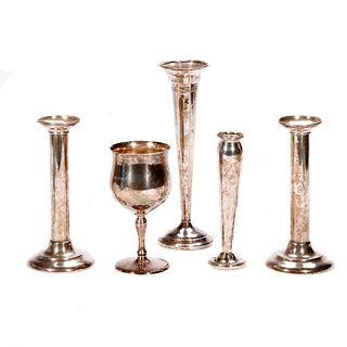 Group of Sterling Candlesticks, Vases, Goblet.