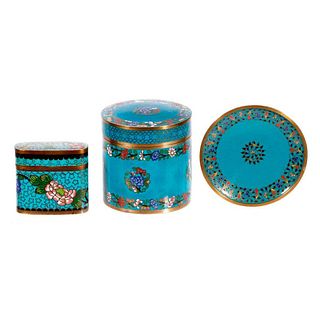 Group of Two Enameled Boxes and a Dish.