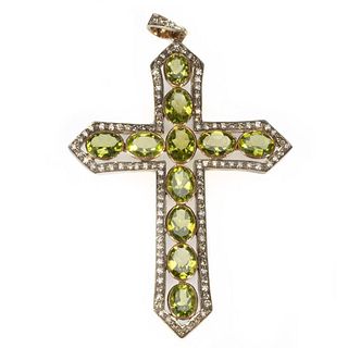 Peridot, diamond, silver-topped 18k gold cross pendant.