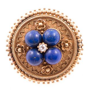 Victorian Etruscan Revival diamond, lapis, 18k gold brooch.