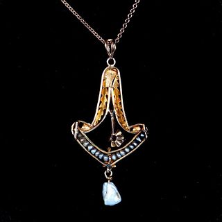 Diamond, pearl and 10k gold art nouveau pendant.