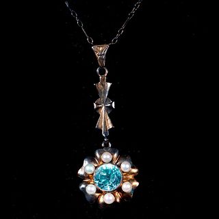 Antique 14k gold, zircon, seed pearl pendant-necklace.