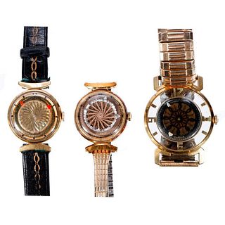 Three Ernst Borel Kaleidoscope dial wristwatches.