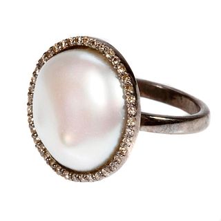 Cultured pearl, diamond and blackened silver ring.