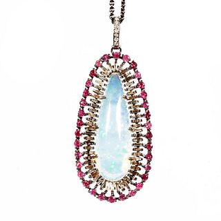 Opal, diamond, ruby and silver pendant with chain.