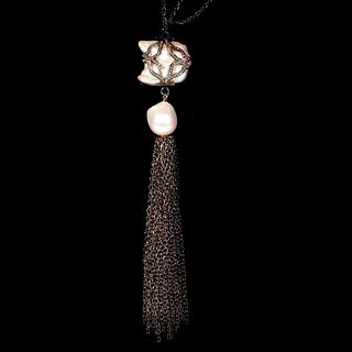 Cultured pearl, diamond and blackened silver necklace.