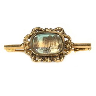 Victorian 14k gold reverse painted brooch.