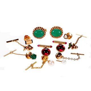 Collection of 14k gold gem-set cufflinks and tietacs.
