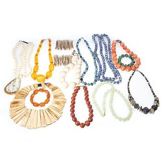 Collection of beaded, silver and metal jewelry.