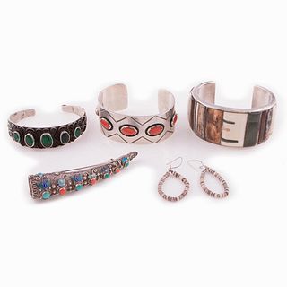 Collection of gem-set, silver jewelry.