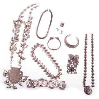 Collection of silver jewelry.