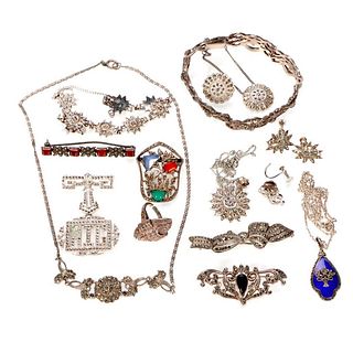 Collection of marcasite and silver jewelry.