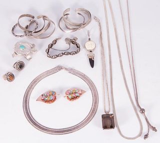 Collection of stone, enamel and silver jewelry.