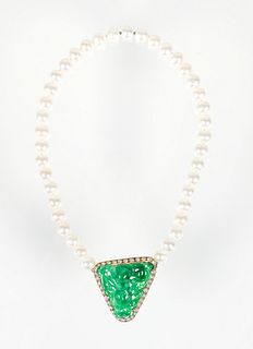 22K Carved Jadeite Pearl and Diamond Necklace