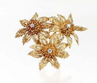 18K Three Flower Diamond Brooch