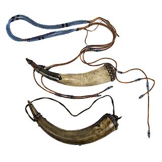 Tacked Powder Horns, One with Blackfoot Beaded Strap