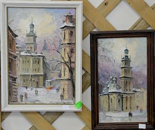 Two oil on board painting Russian Winter, Orthodox Church, signed lower right Indistinctly, 10" x 5 3/4" and 10 3/4" x 7 1/4"