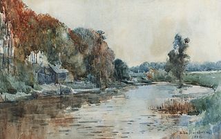 John Muirhead 1884 watercolor Placid Stream English Countryside 