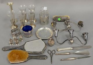 Two tray lots of silver, mostly weighted pieces plus jar, crystal, and cobalt basket. 8.16 weighable t oz.