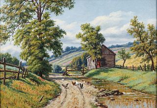 Louis Heitmuller painting Small Barn by a Stream