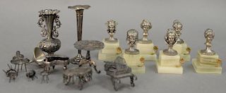 Group of silver miniature pieces including two sterling pianos, filigree silver table four chairs and a bench, sterling tall table, ...