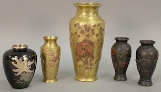 Five bronze vases including pair of multimetal; Oriental style bronze vase with applied copper and brass leaf, flowers, and birds; s...