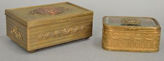 Two French boxes including brass and copper music box (ht. 2 1/2in., wd. 5 3/4in.) and bronze and brass French box withbeveled glass...