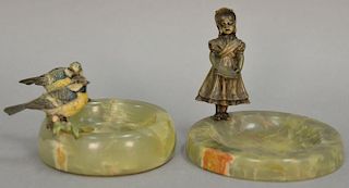 Two bronzes with alabaster trays including Austrian cold painted birds with round tray (ht. 3") and a bronze of a young girl with sh...