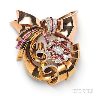 Retro 14kt Bicolor Gold, Ruby, and Diamond Brooch