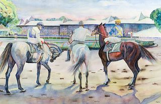 Elaine Anglim watercolor Two Racehorses 1980s