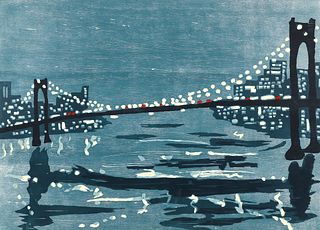 Richard Bosman 1997 color woodcut Bridges III