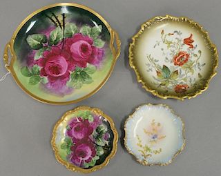 Group of porcelain hand painted flower plates to include a set of six Limoges France plates, five flower bread plates (dia. 9"), and...