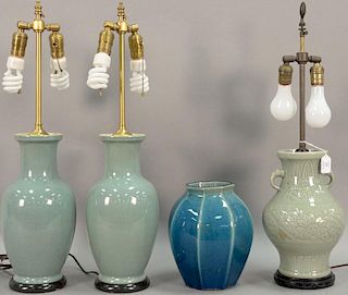 Four porcelain glazed vases (three made into table lamps). ht. 10in. to 27 1/4in.