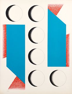 Kumi Sugai 1969 lithograph Blue, Red & Moons